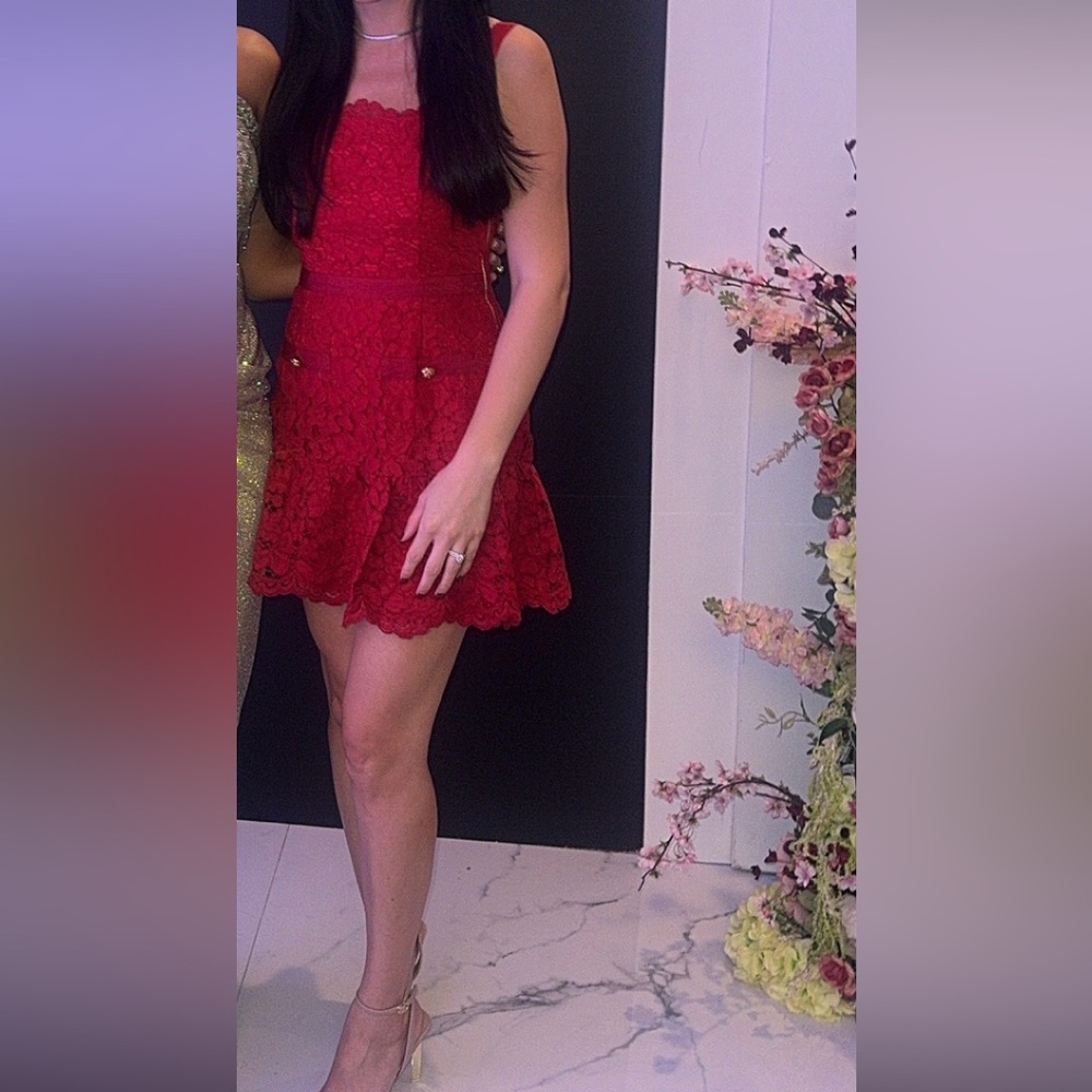 Red Lace Mini Dress with Scalloped Neckline - Picture 4 of 5